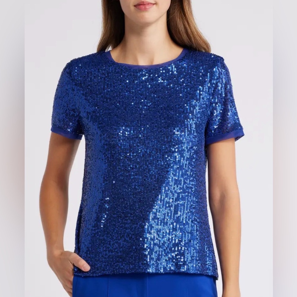 Ann Klein Sequin Mesh Short-Sleeve Top in Royal Blue
